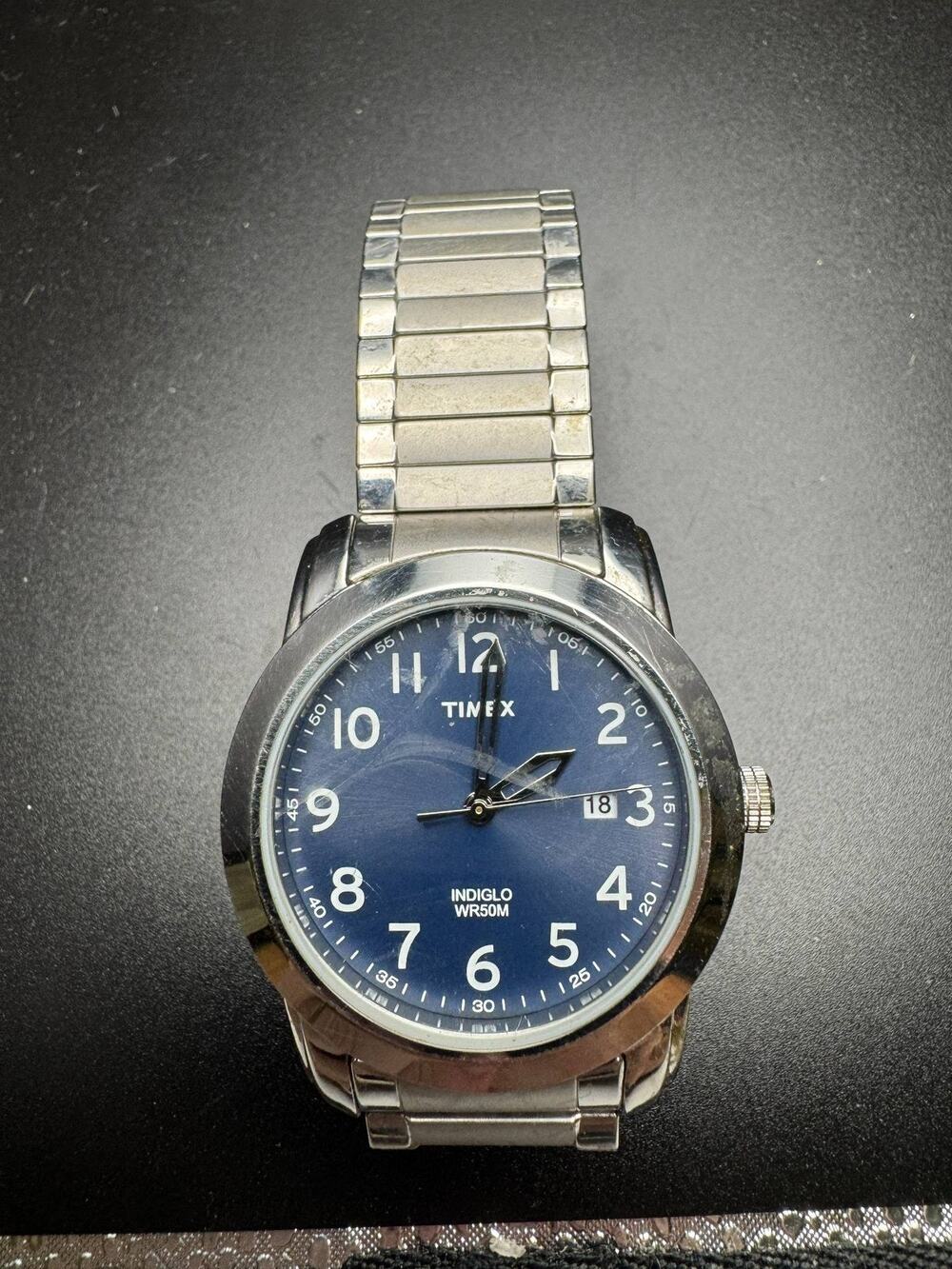 Timex Indiglo Watch Blue Dial Silver Tone Stretch Band Water Resistant Working